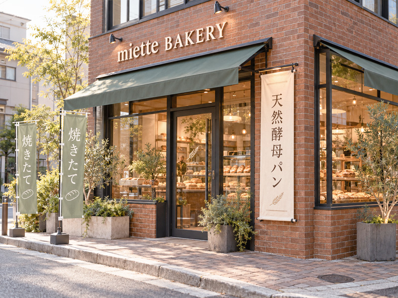 壁面文字、縦型店頭幕、のぼり旗を組み合わせたレンガ外壁のパン屋のデザインイメージ