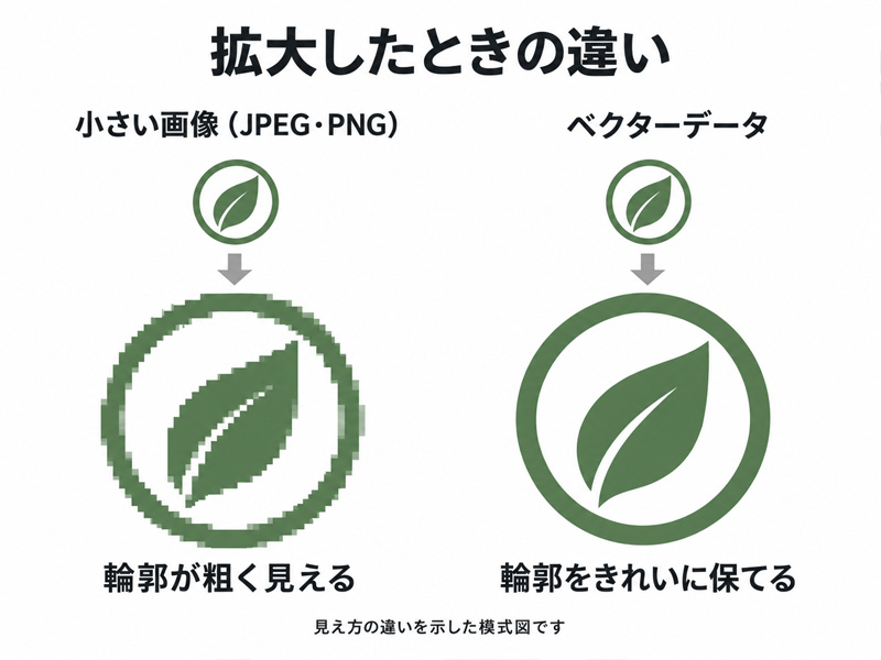 小さいJPEG・PNG画像を拡大すると輪郭が粗く見え、ベクターデータは拡大しても輪郭をきれいに保てることを示した模式図