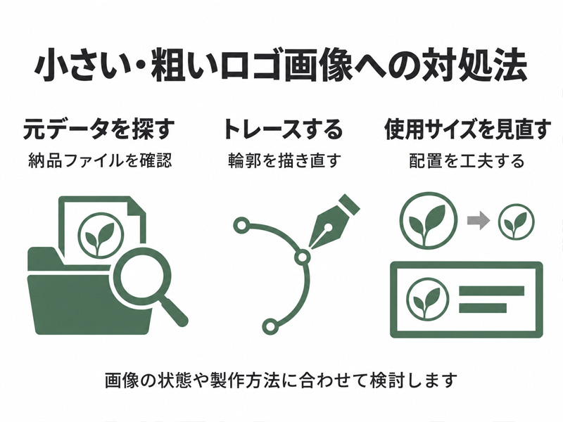 小さい・粗いロゴ画像への対処法として、元データを探す、トレースする、使用サイズを見直すの3つを示したイメージ図