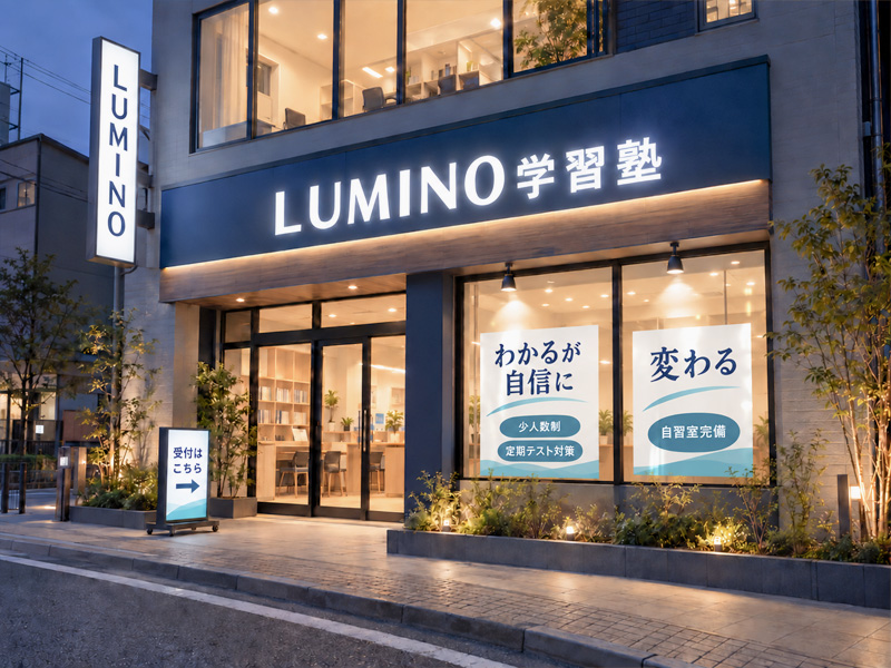発光する壁面看板、突き出し看板、ウィンドウサイン、スタンド看板を組み合わせた学習塾のデザインイメージ