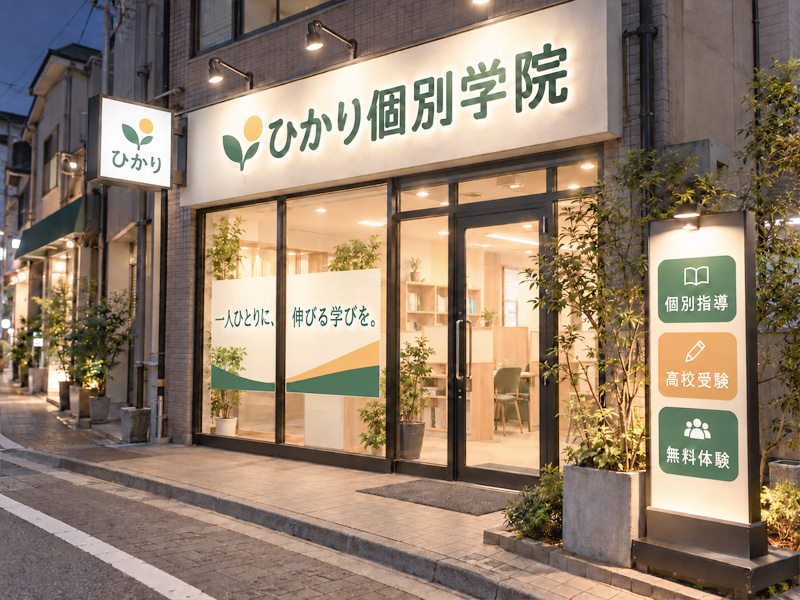 壁面看板、突き出し看板、ウィンドウサイン、照明付き自立看板を組み合わせた個別指導塾のデザインイメージ