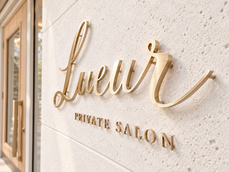 金色のステンレス切り文字「Lueur PRIVATE SALON」を明るい石壁と組み合わせた製作イメージ