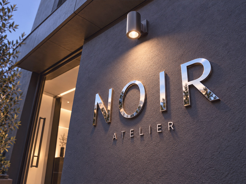 チャコール色の外壁に鏡面シルバーのステンレス切り文字「NOIR ATELIER」を配置し、スポットライトで照らした製作イメージ