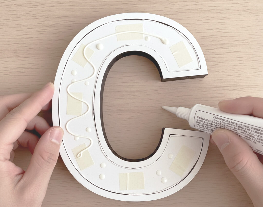カルプ文字の裏面に接着剤を塗る